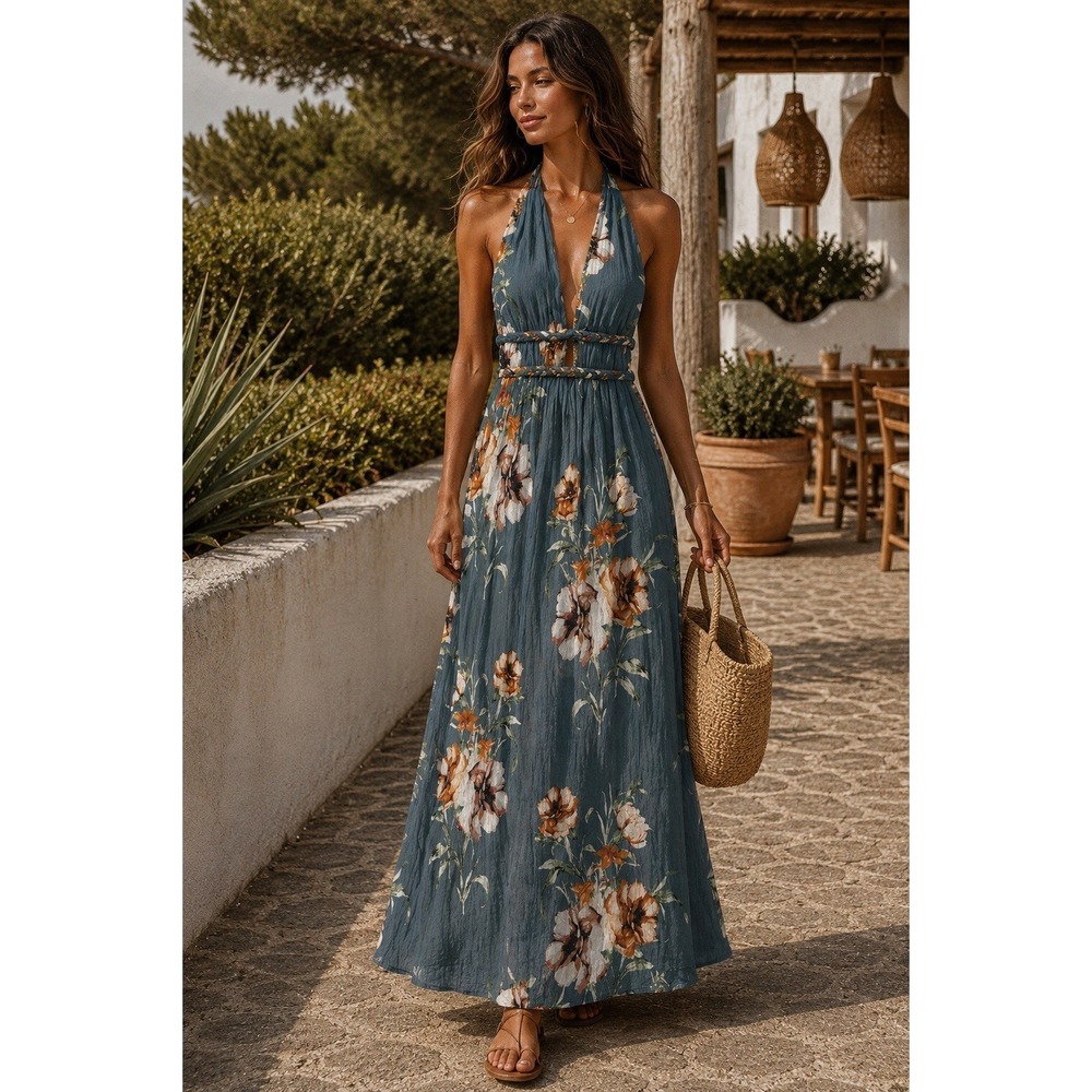 Illa Illa Teal Floral Halter Maxi Dress S Deep V Open Back Braided Waist AA34